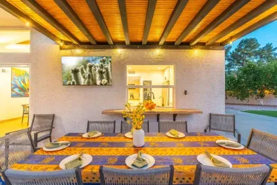 Outdoor dining extends to include seating for 12