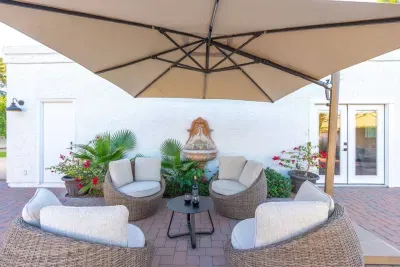 Poolside seating area with tranquil decor