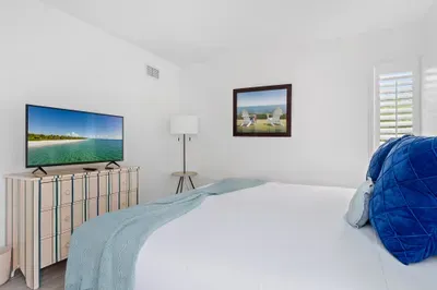 Captures the bedroom from a different angle, showcasing a neatly made bed and a television positioned on a light wooden dresser. A blue throw blanket drapes elegantly over the bed.