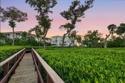 Charming sunset view along the boardwalk surrounded by lush mangroves. A peaceful path leading back to your coastal retreat—perfect for evening strolls and quiet reflection.
