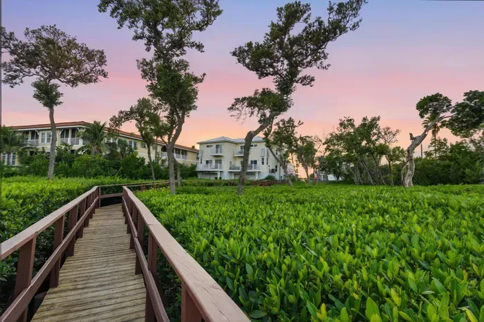Charming sunset view along the boardwalk surrounded by lush mangroves. A peaceful path leading back to your coastal retreat—perfect for evening strolls and quiet reflection.