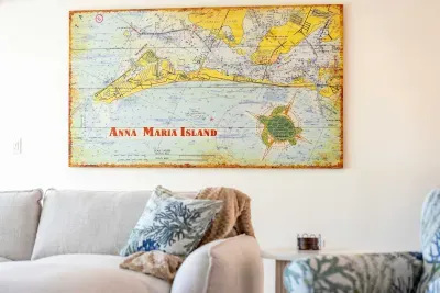 Coastal charm with local island touches. Relax in a beautifully designed space inspired by Anna Maria Island, creating the perfect blend of comfort, style, and laid-back Florida vacation vibes!