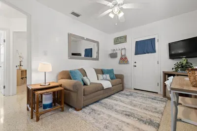 Living room with smart TV and sofa bed.