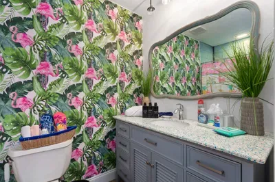 Make a splash in this vibrant, flamingo-themed bathroom that brings tropical flair and personality to your stay!