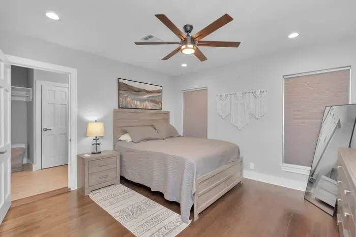 A comfy queen-bed to lay your head after a day of adventure.