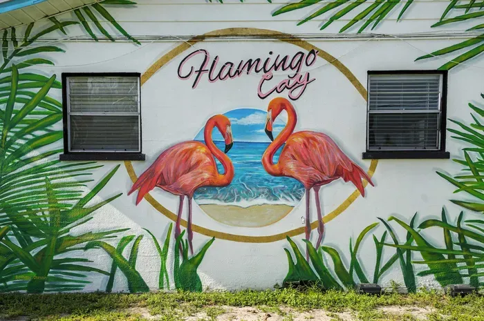 Capture the vibrant spirit of Flamingo Cay with this stunning mural of two flamingos by the sea, framed by lush tropical leaves. A perfect Instagram-worthy spot that sets the tone for your colorful coastal getaway.