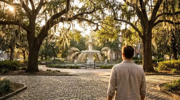 Fountain in historic park with Spanish moss-draped oak trees