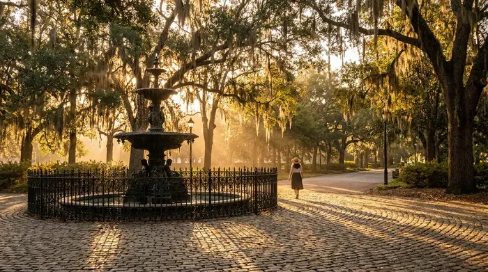 Fountain and cobblestone path in a historic park