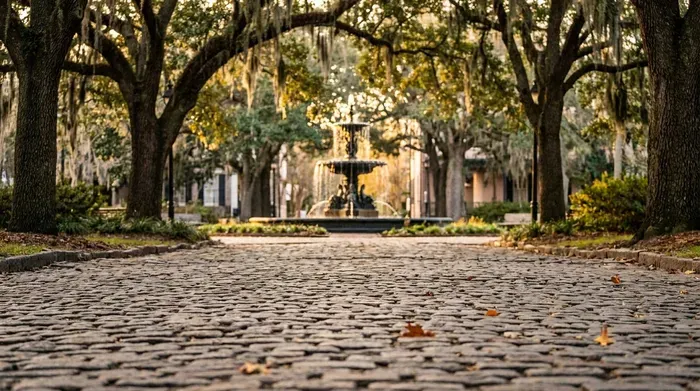 Historic fountain surrounded by oak trees in Savannah, Georgia