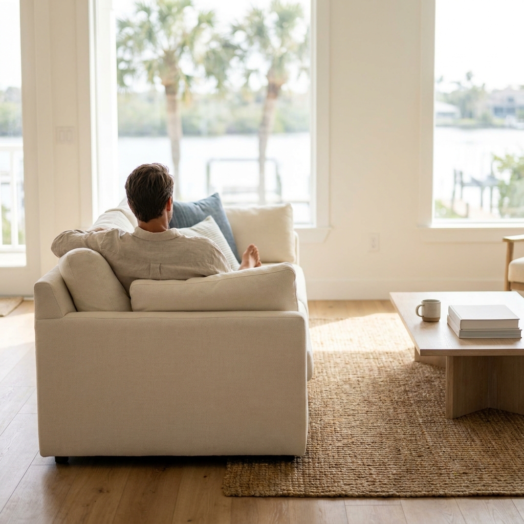 Man relaxes on sofa, enjoying water view