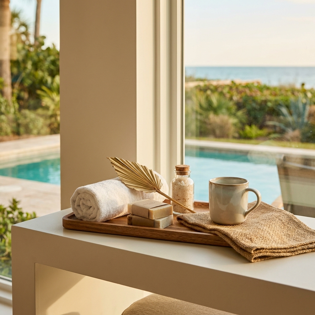 Spa tray with soaps and mug, poolside and ocean view