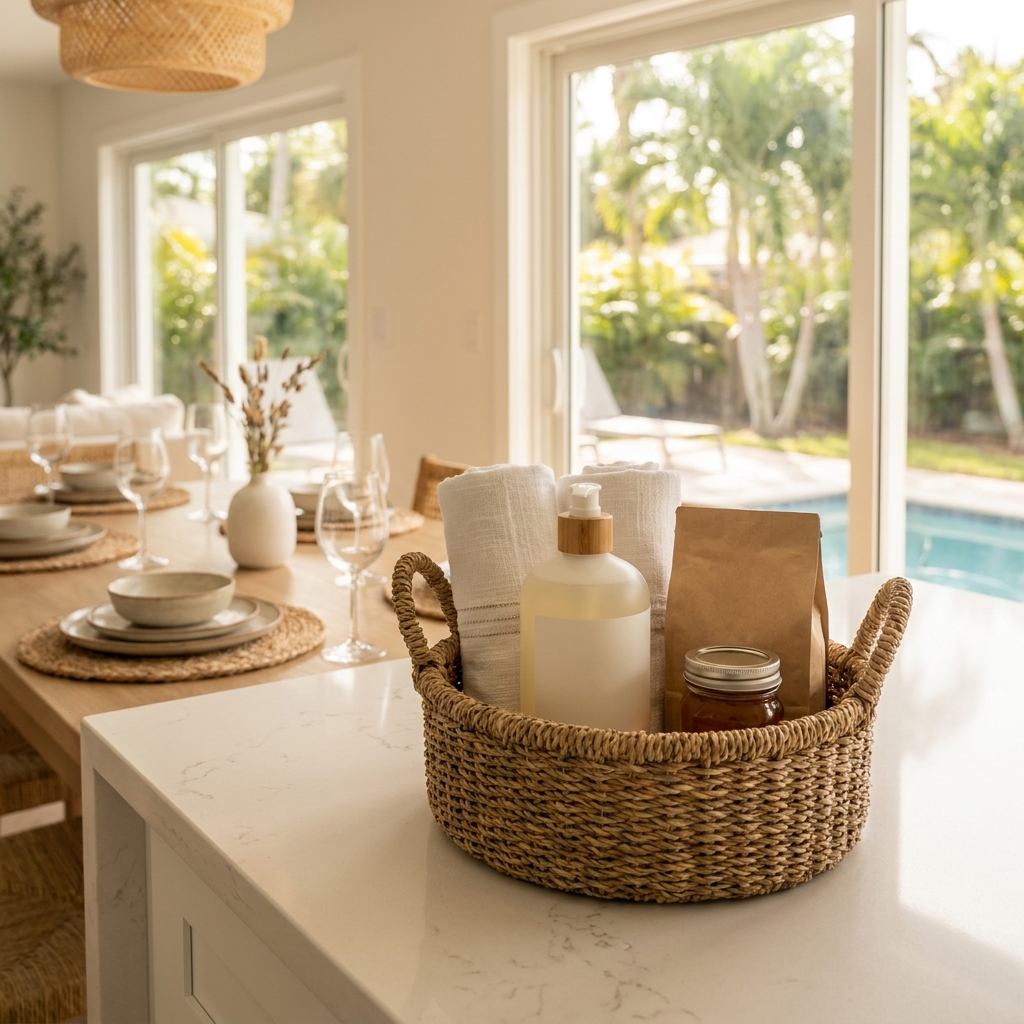 Luxury amenities basket on kitchen island with tropical pool view