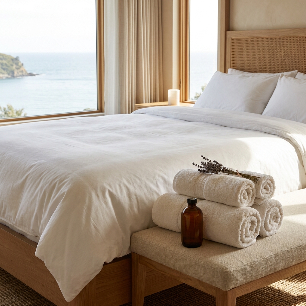 Serene bedroom with ocean view and rolled towels