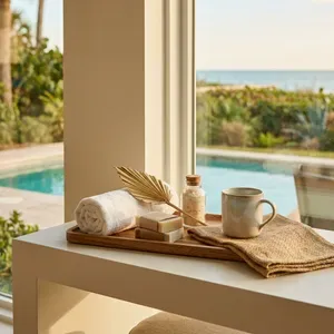 Spa tray with soaps and mug, poolside and ocean view