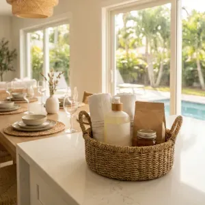 Luxury amenities basket on kitchen island with tropical pool view