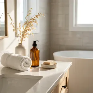 Luxury bathroom details: rolled towel, soap, and dispenser