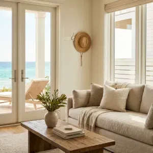 Beachside living room with woven hat and textured couch