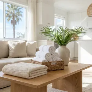 Cozy living room with a coffee table holding folded blankets and towels