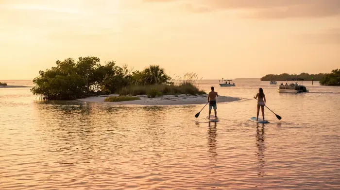 Paddleboarding at sunset near a tropical island