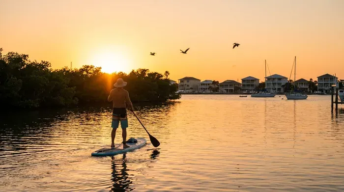 Man paddleboarding at sunset near Florida vacation rentals