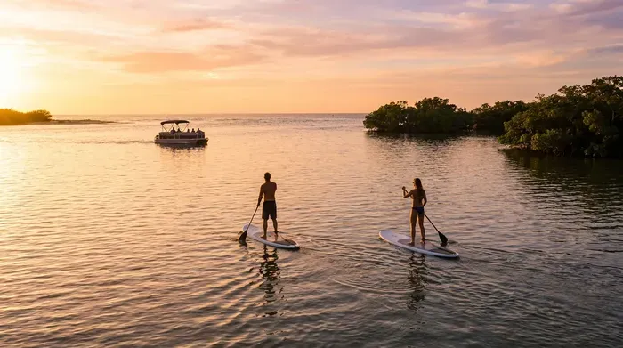 Paddleboarding at sunset with a boat in the background