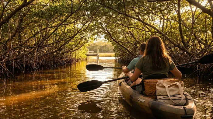 Kayakers paddle through a sun-dappled mangrove tunnel