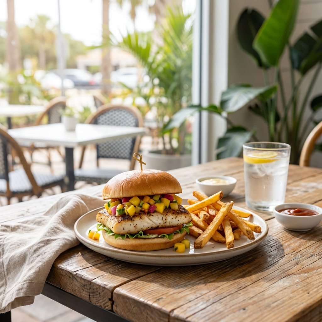Fish burger with fries and a drink at a beachside cafe