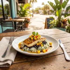 Grilled fish with rice and black beans at an outdoor restaurant