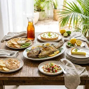 A whole roasted fish feast on a wooden table