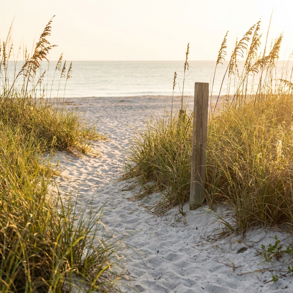 Sandy path through sea oats to the calm Gulf Coast
