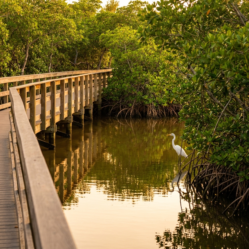 Egret stands in Florida mangroves by wooden boardwalk