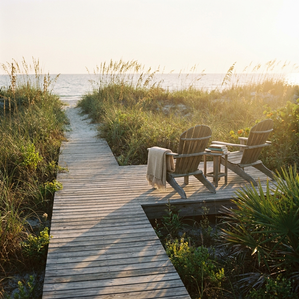 Wooden chairs on beach boardwalk with ocean view