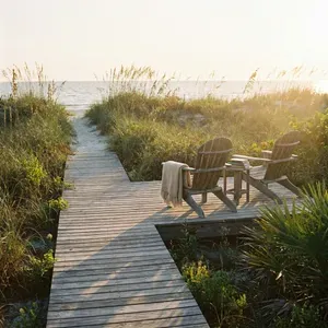 Wooden chairs on beach boardwalk with ocean view