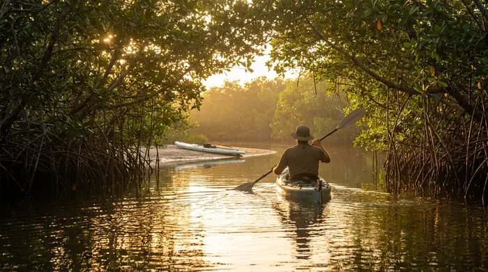 Kayaker paddles through a sunlit mangrove tunnel