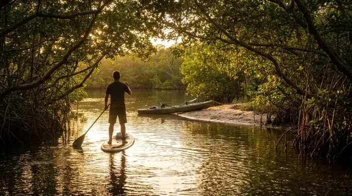 Paddleboarding through mangrove tunnels at sunset