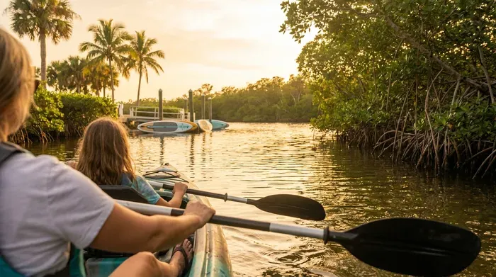 Kayaking through mangroves at sunset