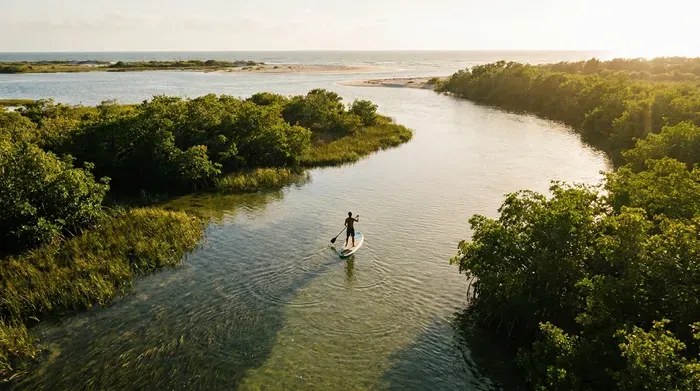 Paddleboarder explores tranquil waterway bordered by lush mangrove trees