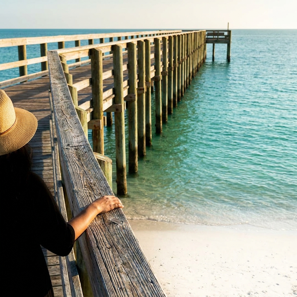 Woman in hat on wooden pier overlooking turquoise water