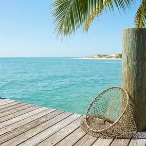 Fishing net on a wooden dock overlooking turquoise water