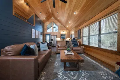Living Room with pull out couch to bed: Bask in the bright, airy space with stylish decor and rustic charm!