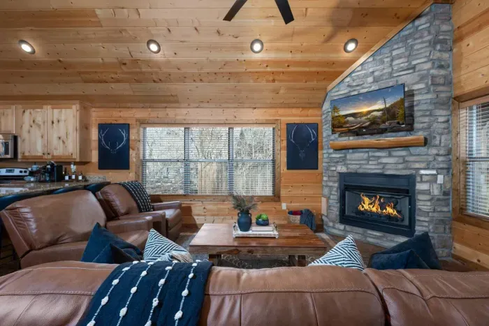Living Room: Stylish space with plush leather seating, a stone fireplace, and scenic views.