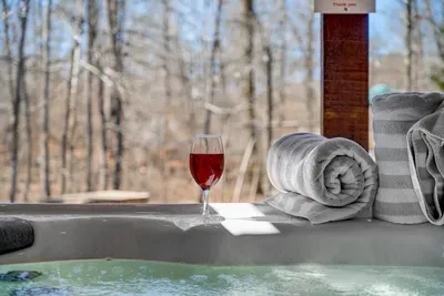 Hot Tub Oasis: Unwind with a drink while surrounded by nature's tranquil beauty!