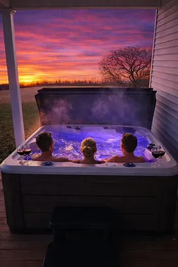 Sunset-view hot tub on covered deck with soothing LED glow—unwind.