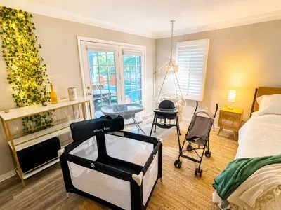 Travel easy with a crib, high chair, and stroller already set up for the littlest guest.