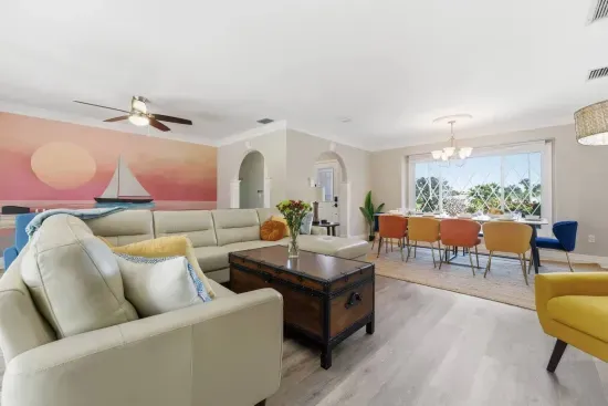 Move easily between the living room and dining table in one open, connected space made for group stays.