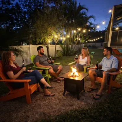 Backyard oasis with fire pit, string lights, and Adirondack seating