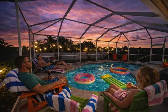 Heated pool retreat near Bradenton Beach and IMG Academy, perfect for relaxing evenings on Florida’s Gulf Coast