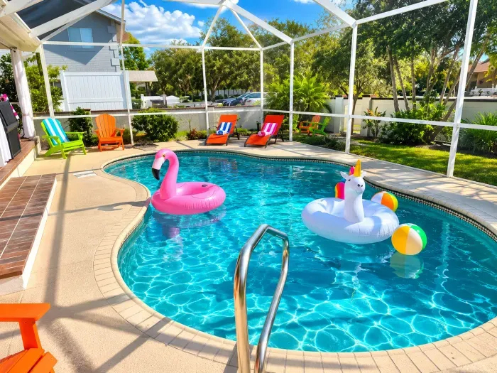 Race your friends to the flamingo float and claim the best spot in the screened pool before anyone else does.
