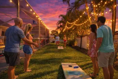 Backyard fun under glowing string lights at sunset! Guests enjoy cornhole, lush green space, and tropical vibes beside the screened pool. Perfect for friendly games, family time, and relaxing evenings with a true Florida resort feel right at home.