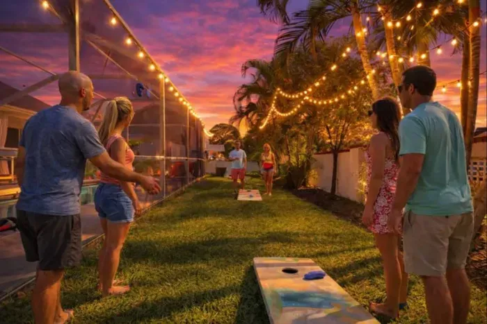 Backyard fun under glowing string lights at sunset! Guests enjoy cornhole, lush green space, and tropical vibes beside the screened pool. Perfect for friendly games, family time, and relaxing evenings with a true Florida resort feel right at home.